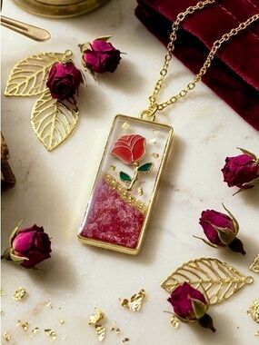 Gold Rose Pendant Necklace - Pink Red Floral Necklace